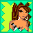 Pixel art contact sheet showing five frames of an animated icon featuring a cartoon woman with brown hair, earrings, and tattoos, alongside text elements on yellow backgrounds.