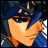 Pixelated anime-style character with blue hair and a blue headband, side profile facing right, orange skin tone, blue clothing, black background with white text.