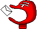 Red cartoon character with white symbol on head, holding envelope in mouth across showing motion