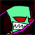 Pixelated static icon of a green cartoon character with red eyes and sharp teeth, outlined in purple against dark background.