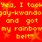Red background with yellow pixelated text repeating 'Yea, I took gay-kwando and got my rainbow belt!!' surrounded by orange star shapes.