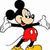 Mickey Mouse in red shorts and yellow shoes with cyan text overlays changing across six