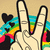 Pixelated hand making peace sign with rainbow and black heart shapes in background.