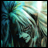 Pixelated anime-style character with teal hair and dark clothing against a blue-green gradient background, next to black with white text