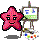 Two pink star-shaped characters with black outlines stand side-by-side, each holding a paint palette and positioned next to an easel displaying abstract blue-and-green artwork.