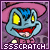 Pixelated cartoon character with blue skin, yellow eyes, red mouth, and pink hat; text "SSSCRATCH" below in white pixel font on purple background.