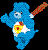 Static pixel art of a blue cartoon character with a yellow and red chest emblem holding a brown stick with red accents against black background.