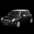 Animated sequence of a dark-colored Mini Cooper car in three views: front-left, side, and rear with winged 'MINI' logo emblem.