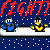 Pixel art animation of blue and yellow cartoon characters on snowy platforms with red text 'FIGHT!' and 'Fatality' against a starry night background.