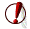 Red exclamation mark inside dark brown circle with small red dot below, set against white background with faint gray shadow.