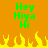 Green pixelated text "Hey Hiya Hi" on orange background with yellow-orange flames at bottom, two identical frames side-by-side.