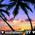 Animated beach scene with palm trees, sunset sky, and ocean waves, transitioning to a sandy beach with peace symbol and 'peace' text drawn in sand.