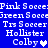 Blue background with white pixelated text repeating 'Pink Soccer', 'Green Soccer', 'Tris Soccer', 'Hollister', and 'Colby' in two , each containing a heart symbol