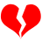 Two red broken heart shapes side-by-side on white background, each heart split into two jagged pieces with white gaps between segments.