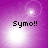 Purple background with four white light bursts and "Symo!!" text in black pixelated font, each burst positioned differently across the