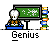 Animated contact sheet of a pixel art genius icon showing multiple frames with consistent character and evolving text elements on green chalkboard background.