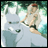 Animated pixelated image of a character with long white hair and red headband riding a large white wolf-like creature against a green background.