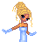 Pixel art of a blonde woman in a blue gown with ice crown, standing beside an icy structure on light blue and gray background.