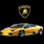Pixelated image of a yellow car with dark roof and blue accents, positioned below a greenish-yellow mask-like symbol on black background.