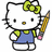 Pixelated cartoon character with white face, black eyes, yellow bow, blue overalls, and pencil prop.