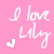 Pixelated pink background with white cursive text "I love Lily" and two heart icons, one white on left and one pink on right.