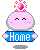 Pixelated pink character with closed eyes and blush holds blue 'Home' sign, topped by pink gem with yellow sparkles; four variations show changing gem/sparkle states.