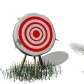 A red and white circular target on wooden stands with grass at base, showing arrow impact progression from no arrows to multiple embedded arrows.