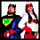 Two figures in costumes stand side-by-side; one wears a blue outfit with green shield, the other red and white attire.