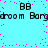 Pixelated cyan background with scattered pink dots, black text reading 'BB' and 'droom Bargdroom Barg' in two , static image