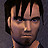 Pixelated static image of a character's face with dark hair and blue eyes, rendered in low-resolution 256x256 pixels on a gray background.