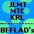 Blue background with green circular shapes, black text 'JLMT MTC KRL' repeated twice above and below a dashed line, and 'BFFLAD's' repeated twice on the dashed line.