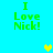 Green text reading "I Love Nick!" on a bright blue background with pixelated yellow and light green hearts.