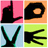 Four distinct black silhouette icons on solid colored backgrounds: pink, orange, light blue, and lime green, each depicting a different stylized pose or object.