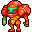Pixel art of a red armored figure with green visor and yellow accents, standing in profile against gray background.