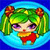 Pixelated cartoon-style icon of a green-haired character with purple eyes, red hair accessories, and a red outfit against a blue circular background.