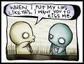 Static cartoon image of two stick-figure characters with speech bubble requesting a kiss.