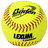 Yellow softball with red stitching, brown baseball glove, black silhouette of a pitcher, and red text reading "DePere Fire #20" on a white background.