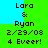 Pixelated text on green and cyan background with repeated 'Lara & Ryan 2/29/08 4 Ever!' in two , alternating color blocks
