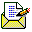 Pixelated icon shows yellow envelope with document, pen, and black X pattern on gray background