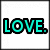 Four- with cyan text on white backgrounds; top-left LOVE. top-right HATE. bottom-left DIE. bottom-right empty gray