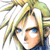 Pixelated character with spiky blonde hair and blue eyes on left, adjacent to solid blue background with black text "Cloud Strife" on right.