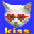 Pixelated white cat head with brown ears and nose, wearing red heart-shaped sunglasses, against solid blue background with yellow 'kiss' text below.