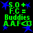 Green text and blue stars on black background with repeated 'S.O + F.C = Buddies AAF<33' pattern across four identical