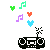 Pixel art of a black boombox with two speakers and an antenna, surrounded by floating colored musical notes and hearts in green, blue, purple, pink, orange, yellow.