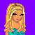 Pixel art contact sheet showing multiple frames of a blonde character in teal dress with star decorations and text elements on purple background.