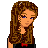 Pixel art featuring a female character with long brown hair and blue eyes, alongside partial views of another figure in black top and blue pants, all above red 'PUNK' text on black background.