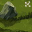 Pixelated landscape with a tent on grassy terrain and four white arrows in the top-right corner.