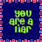 A static pixel art image with four identical text blocks arranged in a on a dark blue background, bordered by a pink and purple pixelated frame
