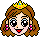 Pixel art of a girl with brown hair wearing a yellow crown and pink earrings, showing two eye states on a gray background.