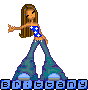Pixelated cartoon figure with long brown hair, blue starry top, and teal flared pants standing against gray background.